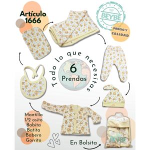 SET DE 6 PIEZAS BATITA MEDIO OSITO GORRITO BABERO MANTITA